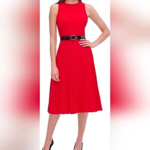 Tommy Hilfiger Bright Cherry Red Sleeveless Fit w/Pleated Skirt Midi Dress, Sz:2